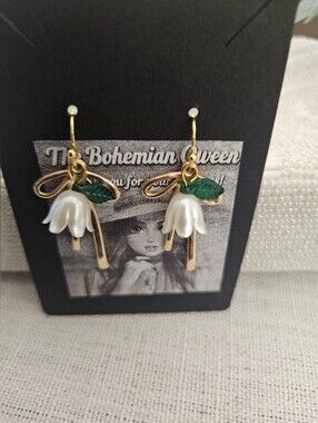 Boho Cottagecore Vintage  Drop Earrings with White Lily Flower & Bow
